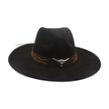 Classic black felt cowboy hat featuring a brown leather band and silver bull head badge - Black