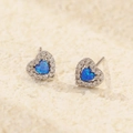 S925 sterling silver heart stud earrings featuring blue opal stones and zircon halo - 925 Silver / Platinum (Blue Opal)