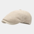 Detail of retro cream octagonal hat featuring boucle texture and faux suede brim - Beige