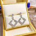 Silver geometric hollow square earrings with sparkling crystals in a golden gift box - E5742-1-Silver Square Zirconia Drop