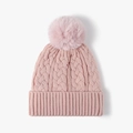 Pink knit beanie for women with faux fur pompom and warm thick fleece lining - One Size / Pink
