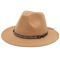 Ethnic camel wide-brim felt fedora hat for men and women with tribal leather band - M (56-58cm) / Camel