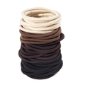 Set of elastic fabric hair ties in beige, brown, and black colors on white background - High Elasticity / Color Block