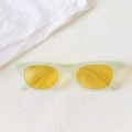 Detail view of mint green retro cat-eye sunglasses with vibrant yellow lenses on white texture - Green Frame Yellow Lens