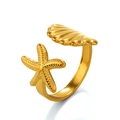 Anillo abierto ajustable dorado con estrella de mar y concha con detalles náuticos - Diseño de Estrella de Mar y Concha / Dorado