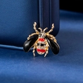Gold bee brooch with black enamel wings, red striped body and sparkling rhinestones - XD5709-1 Red Black Bee