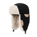Gorro de aviador de invierno en lona negra con forro de piel sintética beige y hebilla - Ajustable / Negro