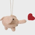 Handmade pink wool felt elephant ornament with red heart detail and hanging string - 7.5*14.5CM