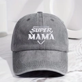 Close-up of Super Mama white embroidery on vintage grey washed cotton baseball cap - One Size / Gray