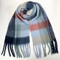 Thick plaid winter scarf in blue and orange with soft brushed texture and tassels - 59# (Dark Blue Light Blue Grey Orange Spliced)
