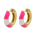 Close-up of gold-plated hoop earrings with pink and white enamel stripes design - Red No Rhinestones