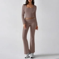 Women's two-piece yoga set in brown featuring long sleeve crop top and flared pants - S / Camel