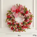 50cm Weihnachtskranz mit roten Beeren, Tannennadeln und Schneedruck-Leinenbändern - 50cm / Rosa Gestreifter Schleifenkranz (Mit Lichtern)