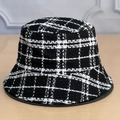 Cappello a secchiello retrò in tweed con motivo pied de poule bianco e nero donna - Regolabile / Cappello Da Pescatore A Scacchi / Nero