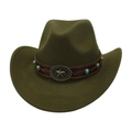 Détail d'un chapeau de cowboy en feutre vert avec ruban en cuir et perles turquoise - Taille unique / Vert Armée (Étoile de Bronze)