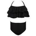Girls' black high-waisted bikini set featuring a ruffled halter top and high-stretch fabric - 104 / Black Double Ruffle Plain Pants Set
