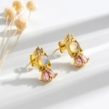 Golden fish tail earrings with round opal and pink teardrop gemstone inlays - Pink Waterdrop Koi Style (923-5#)