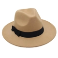 Close-up of a camel wool fedora hat featuring a classic black ribbon and side bow detail - Camel