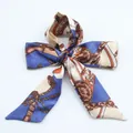 Royal blue satin twilly scarf with classic chain print tied in a bow knot style - S20-Royal Blue Chain Harness