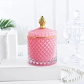 Pink diamond-textured glass storage jar with gold rimmed lid and handle candle - Pink Gold