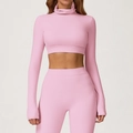 Roze geborstelde yoga top met lange mouwen, duimgaten en een hoge hals, kort model - L / Kersenbloesem Roze