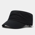 Detail view of the reinforced stitching on the brim of a black cotton military flat top cap - Adjustable / Black