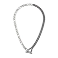 Close-up of Figaro chain necklace with black zircon double-row inlay and T-bar toggle clasp - Figaro Chain Patchwork / Silver Spliced Black Zircon