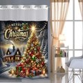 Double-layer Christmas shower curtain featuring snowy scene with trees and gifts - 25SD-1S (Snowy Hut & Christmas Tree) / 181x188cm