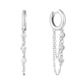 Detail of silver huggie earrings with delicate chain and three round zircon stones - Silver Tassel Pendant Style (JQH0087-SS)