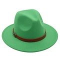 Detail of green wool fedora hat featuring a brown leather band and silver metal buckle - Grass Green