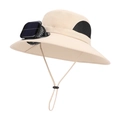 Solar powered fan sun hat in beige with wide brim and adjustable chin strap - Beige