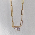 Macro detail of 18k gold plated paperclip chain necklace with heart and rectangle zircon - Anklet 20+4cm / Gold