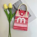 Cute pink and red striped knitted mini crossbody bag with white letter M logo detail - Letter M-Pink Stripe