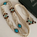 Cintura etnica intrecciata con pietre turchesi, perline in legno e nappe boho - Corda Intrecciata Bianca Con Decoro Turchese (Catena da Vita-Bianco-Blu)