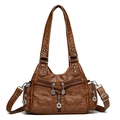 Bolso bandolera vintage de cuero sintético marrón acolchado con múltiples cremalleras - Tostado