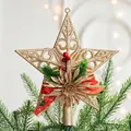 Gold glitter star Christmas tree topper with red ribbon and pine needle decorations - Small Gold Glitter Tree Topper Star (Style L)
