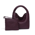 Deep purple hand-woven leather tote bag set with a matching rectangular zipper pouch - Purplish Red
