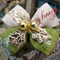 Beige and green jute pet holiday bow with gold bells and metallic leaves decoration - Christmas Linen Series 4