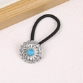 Western cowboy style hair tie with silver flower charm and blue turquoise stone inlay - Silver Flower-Blue