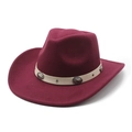 Detail of burgundy wool cowboy hat featuring cream leather band and retro silver buckles - M (56-58cm) / Burgundy
