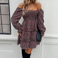 Floral off-the-shoulder dress in black with red print and smocked long sleeves - S / Black