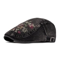 Retro washed black denim newsboy cap with colorful letter embroidery and adjustable strap - Black