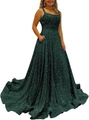 Elegant deep green sequin prom dress with thin straps and side pockets floor-length gown - US size 2 (S) / Top And Bottom / Dark Green