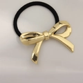 Minimalist golden metal bow hair tie with black high-elastic rope in Korean style - Glossy Bowknot Gold