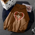 Deep brown fleece hoodie with creative baseball heart print and front kangaroo pocket - S / Tops / Dark Brown