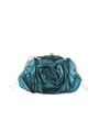 Elegant dark green satin rose clutch bag with a metallic clasp and silver chain strap - Blue