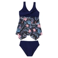 Three-piece girls high-stretch nylon swimsuit with tropical floral mesh skirt and V-neck top - 152 / Navy Blue Mesh