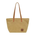 Khaki canvas tote bag with brown leather handles and embossed logo on minimalist background - Yellow Brown