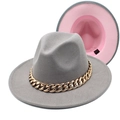 Detail of grey wide brim fedora with gold chain and contrasting pink interior lining - Light Gray and Pink