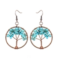 Macro detail of handmade Tree of Life earrings with turquoise stones in bronze frames - Antique Copper + Turquoise